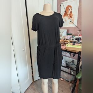 Black T‎ Shirt Dress with Drawstring Waist and Pockets Casual Everyday